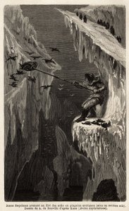 北極ペンギンを捕まえる若いエスキモー。1860年から1862年にかけて、アメリカ海軍の外科医ヘイズが行った北極圏の自由海への航海を描いたもので、エドゥアール編集の「Le tour du monde, nouveau journal des voyages」に掲載されています。 作： Unknown artist