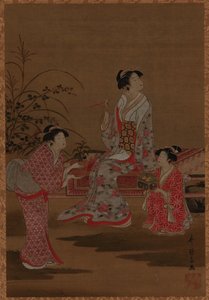 庭に座っている 2 人の女の子付き添いを持つ若い女性 作： Unknown artist