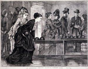 ボーリングをする若い女性たち（1870年頃、アメリカ） - 彫刻 作： Unknown artist