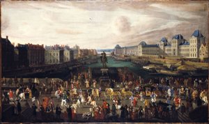 1665年頃、ドーフィン広場の入り口から見たポン＝ヌフ、建設中のコレージュ・デ・キャトル＝ナシオンのあるケ・マラケ、グランド・ギャラリー、ルーヴル美術館。橋の上の行列の通過、1665年から1669年の間（油彩・カンヴァス） 作： Unknown artist