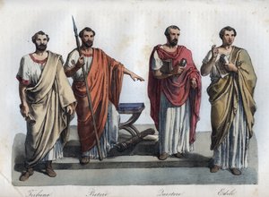 古代ローマの行政官-トリビュヌス（Tribunus）-プラエトル（Preteur）（行政官）-クァエストレス（Quaestors）-アエディレス（Ediles） 「宇宙のすべての民族の用途と習慣」の刻印。または、世界の政府、法律、民兵、王と女王の歴史。 作： Unknown artist