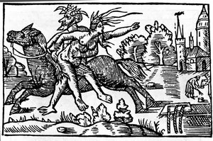 悪魔が魔女を馬から降ろし、地獄へ連れて行く。16世紀のキシログラフィー 作： Unknown artist