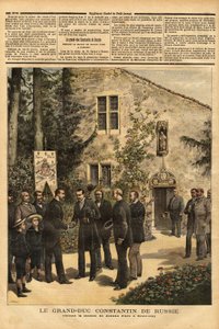 コンスタンティン・ニコラエヴィチ・ロマノフ（1827-1892）は、ロシア大公であり、アレクサンドル3世（1845-1894）のいとこであるが、ドムレミーのジャンヌ・ダルクの家を訪問した。1892年6月25日の「Le petit journal」に掲載されたエングレーヴィング。セルバのコレクション。