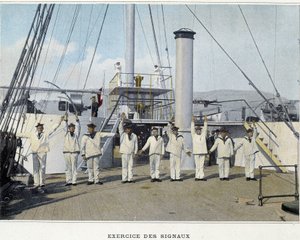 合図の練習 - 「軍事アルバム-海軍：船上生活」より