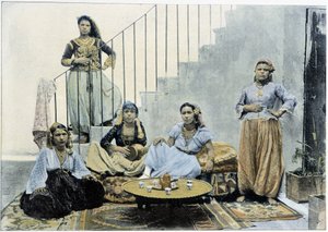 お茶を飲むアルジェのムーア人女性たち-オートクローム、19世紀後半