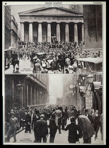 上：ウォール街の黒い日々、下：1929年の大暴落時のロンドンの証券取引所（『ペスティ・ナプロ』より 作： Unknown photographer
