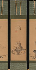 1620 年代後半から 1644 年にかけて描かれた、瞑想用の杖を備えた禅師と中国風の風景画。