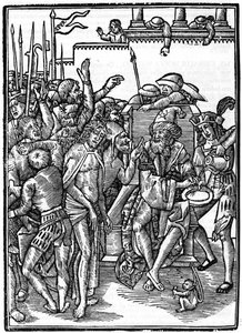 ポンティウス・ピラト（Pontius Pilatius）の前のキリスト。1514年のウルス・グラーフのXylography。個人蔵。ミラノ 作： Urs  Graf