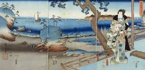須磨浜で見ている光源氏（三連祭壇画） 作： Utagawa  Hiroshige and Kunisada