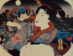 子供をおんぶする女（木版画） 作： Utagawa Kunisada