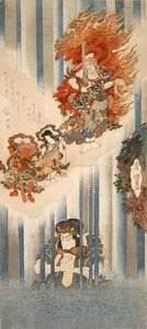 不動明王役の五代目松本幸四郎と不動明王役の七代目市川團十郎（上）。 作： Utagawa Kunisada