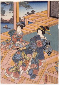 テラスの二人の女性 (カラー木版画)