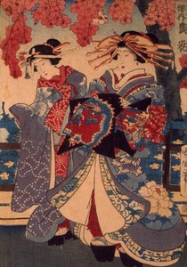 歌川国貞作「花の庭の二人の女」木版画、クレポン技法
