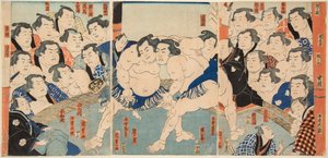和火山と神丸の相撲の戦い。歌川国貞（三代豊国）のエスタンペ（1786～1865年）。 作： Utagawa Kunisada
