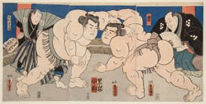 大相撲の小柳と黒岩の戦い。歌川国貞（1786-1865）の版画 作： Utagawa Kunisada