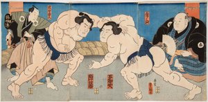 相撲の不知火と神武の戦い。Estampe de Utagawa Kunisada (1786-1865), vers 1860 - 国定（三代豊国）、歌川（1786-1865）によるプロレスの試合、不知火対陣幕。カラー木版 作： Utagawa Kunisada