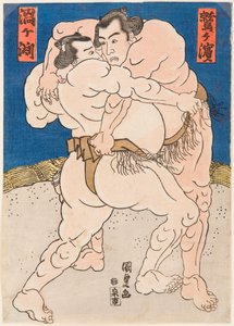 渦ヶ淵と鷲ヶ浜の相撲取りの戦い。Estampe de Utagawa Kunisada (1786-1865), vers 1830 - 国定（三代目豊国）、歌川（1786-1865）による、相撲の「渦ヶ淵」対「鷲ヶ浜」。カラー木版、1830年頃、寸法：37x26cm。プライベートC