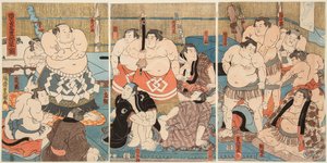 大相撲の力士、設楽部屋と秀ノ山の戦い。歌川国貞（1786-1865）の版画 作： Utagawa Kunisada
