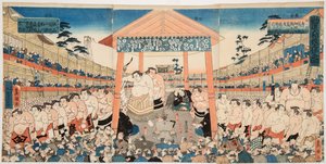 勧進大相撲。歌川国貞（1786-1865）の版画 - 国貞（三代豊国）、歌川（1786-1865）の「勧進大相撲」。カラーウッドカット、1850年頃寸法 : 37,5x75,5 cm.プライベートコレクション 作： Utagawa Kunisada