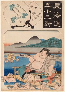 大井川（相撲取りが椅子に座って渡っている）。歌川国貞(1786-1865)の「東海道五十三次」の版画