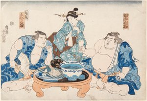 お相撲さんの黒岩さんと象ヶ鼻さんと芸者さん。歌川国貞（1786-1865）の版画 作： Utagawa Kunisada