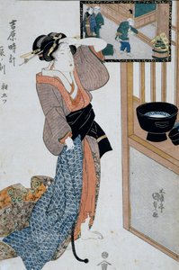 寅の刻、朝七ツ、1818年頃、歌川国貞（1786-1865）の浮世絵版画『吉原十二時間』より、おばんたて絵、37x24.9cm、日本文明史 作： Utagawa Kunisada