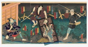 権兵衛直助役の三代目関三十郎（右）、田宮伊右衛門役の八代目片岡仁左衛門（ハ）、お岩の亡霊と小坊主小兵衛の亡霊役の五代目坂東彦三郎（ハ）、佐藤与茂七役の五代目坂東彦三郎（左
