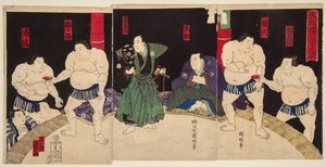 大相撲の梅ヶタンと境川の戦い。歌川国昭（1835-1888）の版画 作： Utagawa  Kuniaki