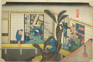 Akasaka: Waitresses at an Inn (Akasaka, ryosha shofu no zu), from the series "Fifty-three Stations of the Tokaido (Tokaido gojusan tsugi no uchi)," also known as the Hoeido Tokaido 作： Utagawa Hiroshige