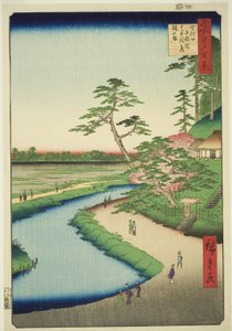 名所江戸百景』より「関口上水畑芭蕉庵椿山」。 作： Utagawa Hiroshige