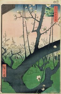 開花梅の木の枝（色木版画）
