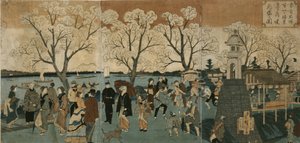 Cherry blossoms in full bloom along Sumida River. Bokusui tsutsumi hanazakari no zu 作： Utagawa Hiroshige