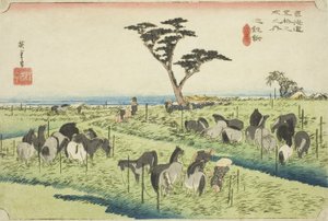Chiryu: Early Summer Horse Market (Chiryu, shuka uma ichi), from the series "Fifty-three Stations of the Tokaido (Tokaido gojusan tsugi no uchi)," also known as the Hoeido Tokaido 作： Utagawa Hiroshige