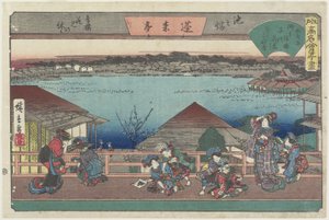 池端の鳳来亭で桜を見る遊女たちc。 1835-1842