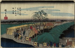 日本堤銀行絵文字坂の夜明け、新吉原、c。 1830