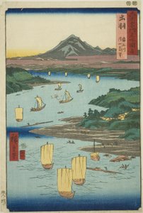 六十余州名所図会 出羽国 最上川と月山遠望（出羽・最上川・月山遠望） 作： Utagawa Hiroshige