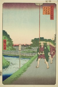 Distant View of Akasaka Reservoir from Kinokuni Slope (Kinokunizaka Akasaka Tameike enkei), from the series "One Hundred Famous Views of Edo (Meisho Edo hyakkei)" 作： Utagawa Hiroshige
