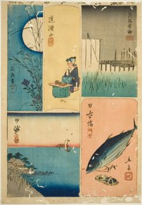 Eitai Bridge, Nihon Bridge, Susaki, Flower Garden, and Dokan Hill (Eitaibashi, Nihonbashi, Susaki, Hanayashiki, Dokanyama), from the series "Cutouts of Famous Places in Edo (Harimaze Koto meisho)" 作： Utagawa Hiroshige