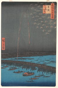 龍国橋花火、1858年（色木版画）