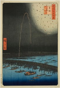 フィレをｒｋｓ あｔ 呂国 （呂国 花火）、 ｆろｍ テェ セリエｓ ”尾根 分ｄレｄ ファもうｓ ヴィエｗｓ おｆ 江戸 （名所 江戸 百景）” 作： Utagawa Hiroshige