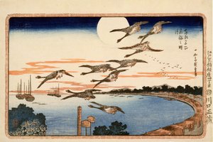 高輪の満月、江戸の東の首都の有名な場所から、1832年頃（木版カラープリント） 作： Utagawa Hiroshige