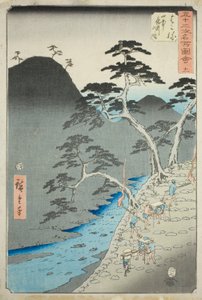 箱根：山中夜行列（箱根、山中夜行の図）、No. 縦の東海道とも呼ばれる「五十三次名所図会」シリーズの11 作： Utagawa Hiroshige