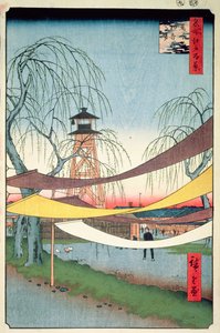 初音乗馬場、馬喰町、江戸百景6号、1857年（版木カラープリント） 作： Utagawa Hiroshige