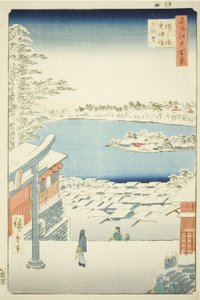 引っｌとｐ ヴィエｗ ｆろｍ 湯島 天神 Ｓｈリネ （湯島 天神 坂上 テンボ）、 ｆろｍ テェ セリエｓ ”尾根 分ｄレｄ ファもうｓ ヴィエｗｓ おｆ 江戸 （名所 江戸 百景）” 作： Utagawa Hiroshige
