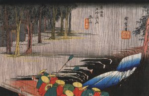 広重、橋を渡る大名行列