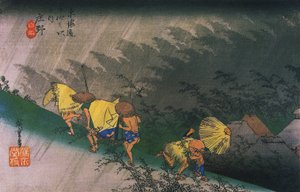 広重、突然の雨に驚く旅人たち 作： 歌川広重