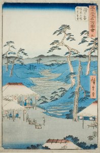 保土ヶ谷 境木のレストハウスから遠望する鎌倉連山（保土ヶ谷、教木立場鎌倉山遠望） No. シリーズ「五十三次名所図会」の第5弾、通称ヴェルティ 作： Utagawa Hiroshige