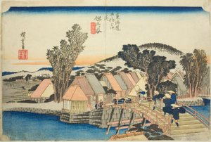 Hodogaya: Shinmachi Bridge (Hodogaya, Shinmachibashi), from the series "Fifty-three Stations of the Tokaido Road (Tokaido gojusan tsugi no uchi)," also known as the Hoeido Tokaido 作： Utagawa Hiroshige