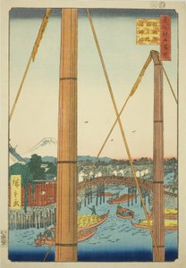 稲荷 Ｂ理ｄげ 案ｄ 港 Ｓｈリネ、 手っぽ図 （徹ポズ 稲荷橋 港 神社）、 ｆろｍ テェ セリエｓ ”尾根 分ｄレｄ ファもうｓ ヴィエｗｓ おｆ 江戸 （名所 江戸 百景）” 作： Utagawa Hiroshige