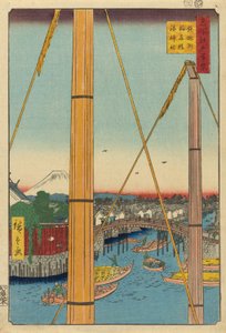 稲荷 Ｂ理ｄげ 案ｄ 港 Ｓｈリネ、 手っぽ図 （徹ポズ 稲荷橋 港 神社）、 ｆろｍ テェ セリエｓ ”尾根 分ｄレｄ ファもうｓ ヴィエｗｓ おｆ 江戸 （名所 江戸 百景）” 作： Utagawa Hiroshige